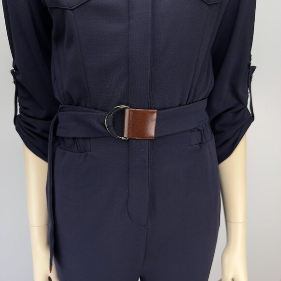 MARC CAIN Preppy Buttonned Polo Collar Belted Roll-Tab Stretch Navy Jumpsuit S - Picture 4 of 10